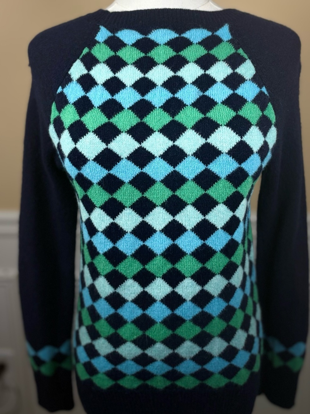 💚 J.Crew Argyle Crewneck Sweater M Navy Aqua Green Preppy Y2K
